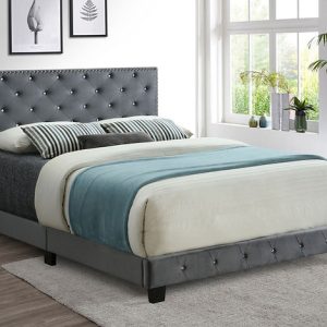 IF-5650 Grey Velvet Bed with Nailhead and Rhinestone