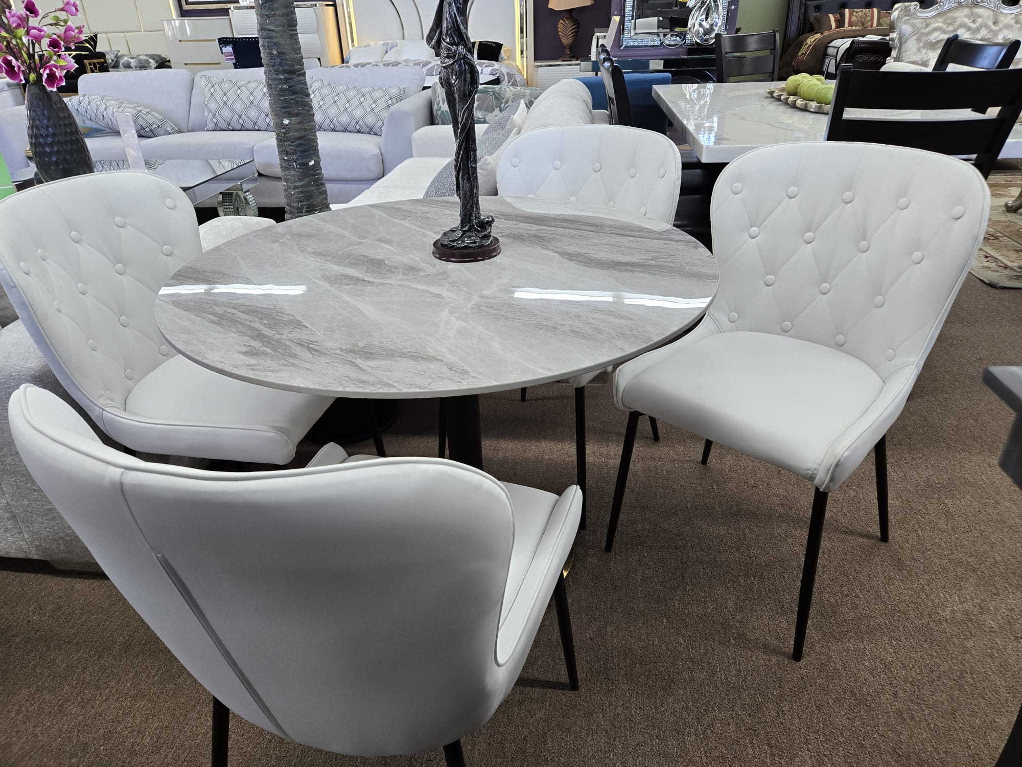 Marble Top 4 Chairs Round Dinning Table Set - Image 3
