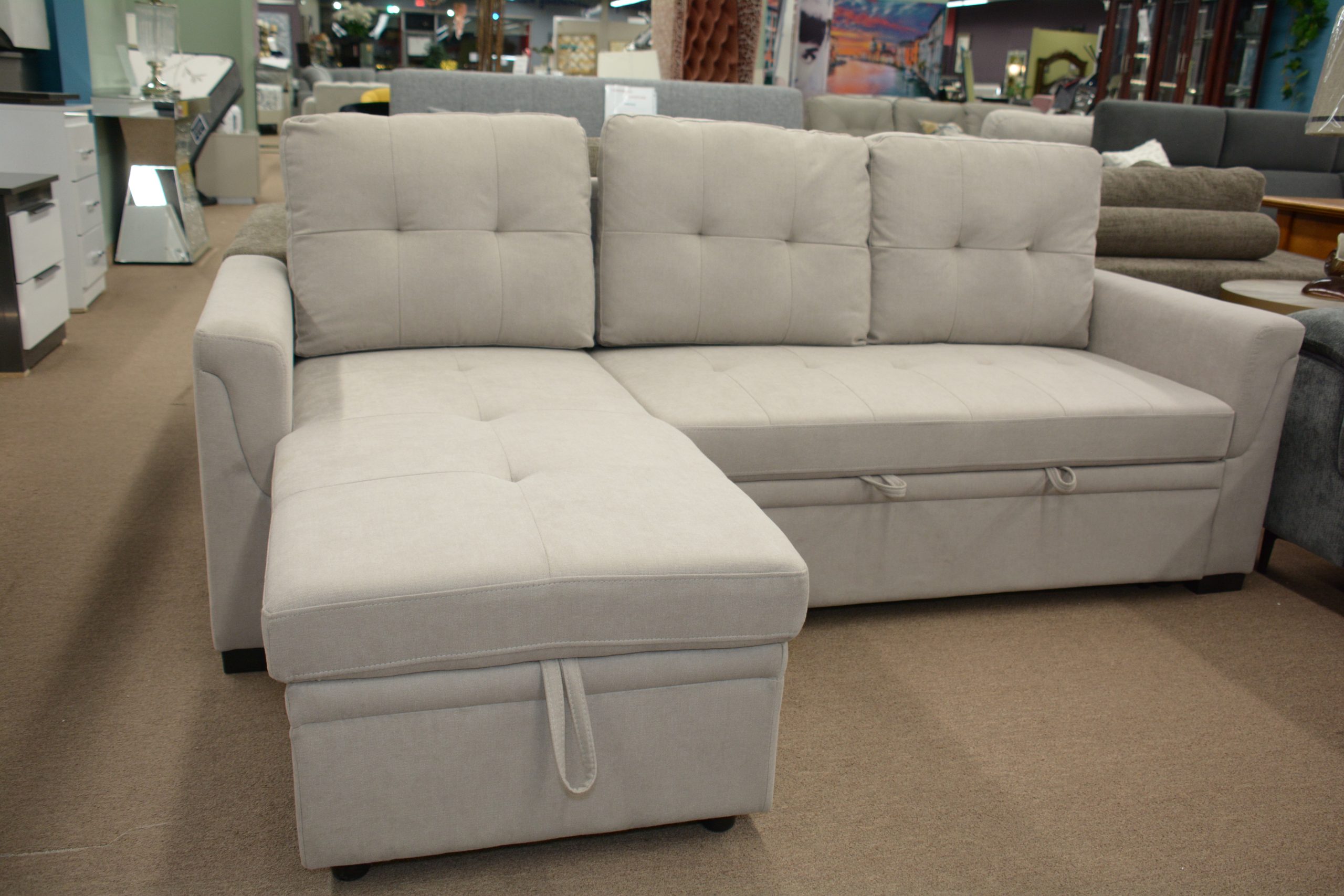 Modern Light Grey Sofa Bed with Hidden Storage & Pull-Out Sleeper