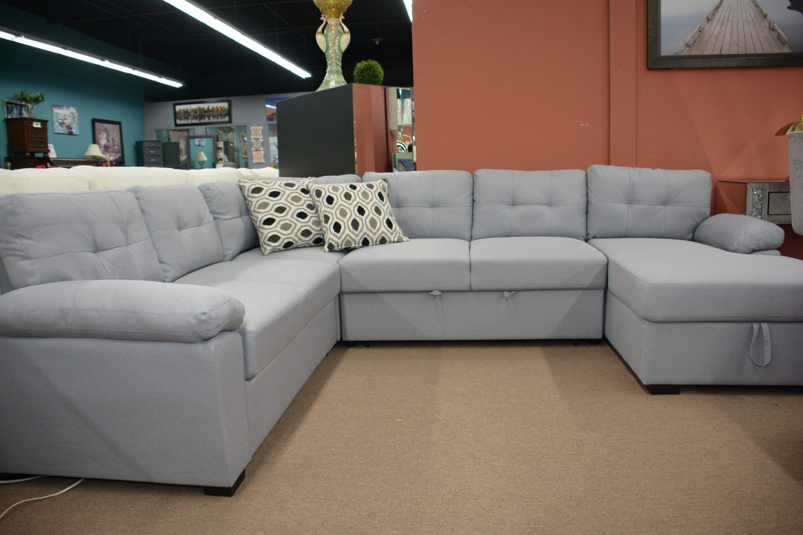 U-Shaped - Pullout Bed + Chaise Storage - Light Grey - Image 5