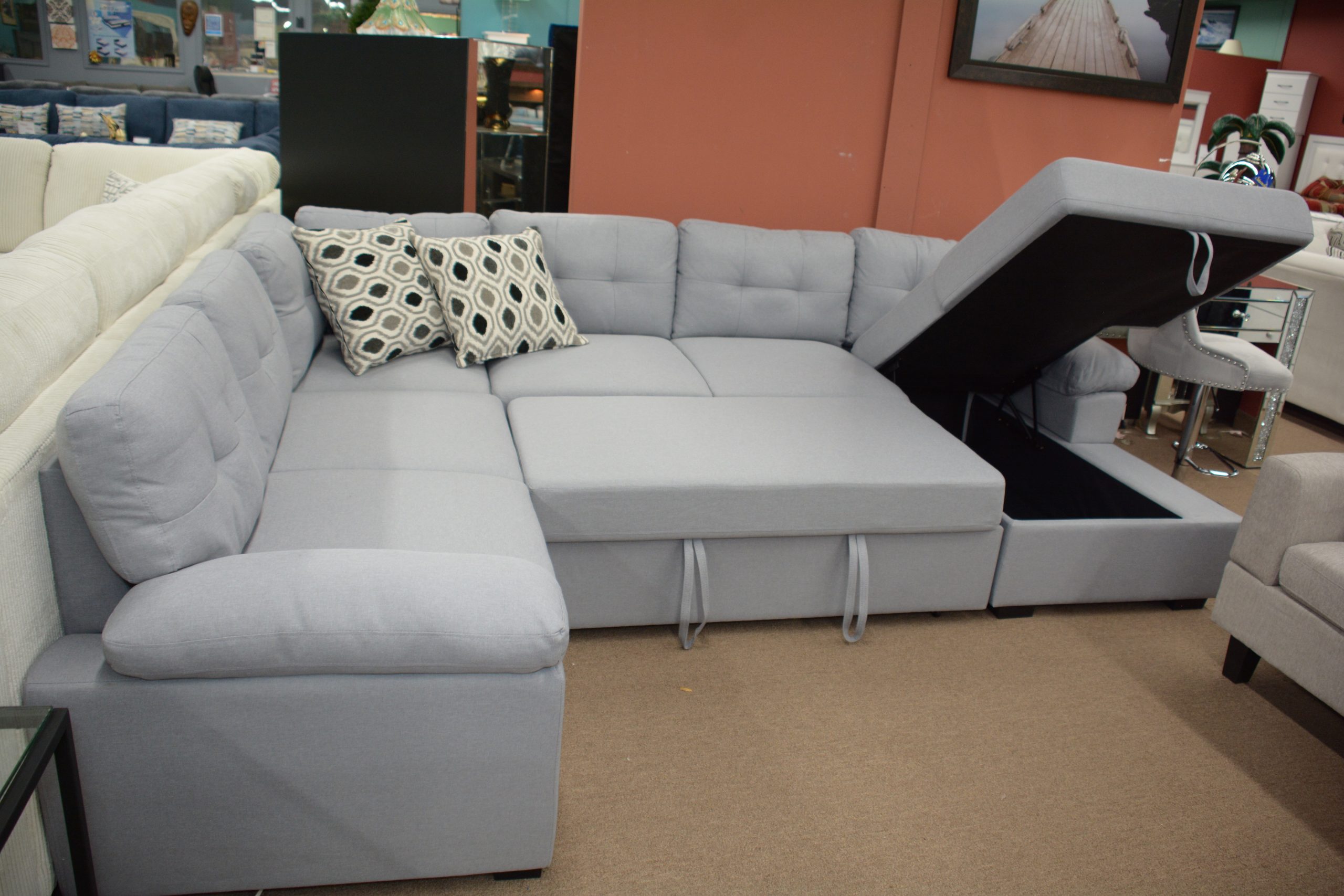 U-Shaped - Pullout Bed + Chaise Storage - Light Grey