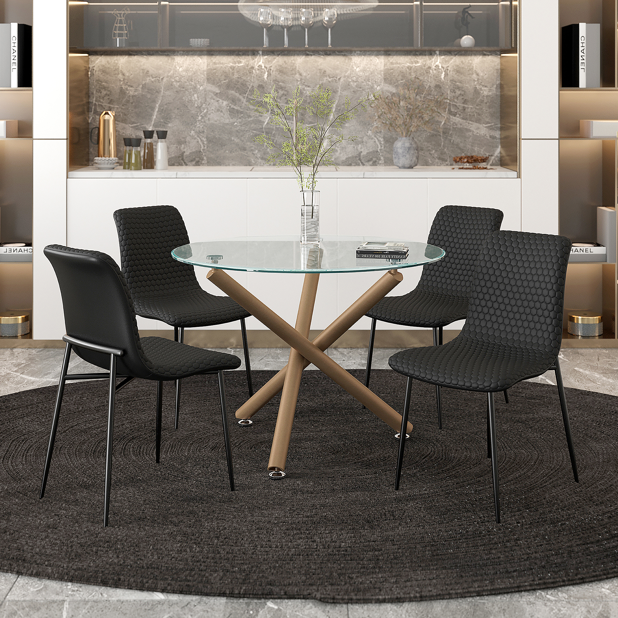 Carmilla and Brixx 5pc Dining Set - Aged Gold Table and Black Chairs
